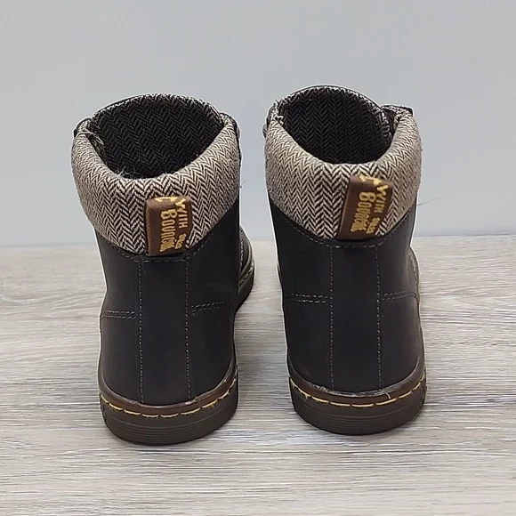 ​Dr. Martens Women Maelly Dark Brown Leather Boots w/Herringbone Tweed Cuff 6 - Picture 7 of 12